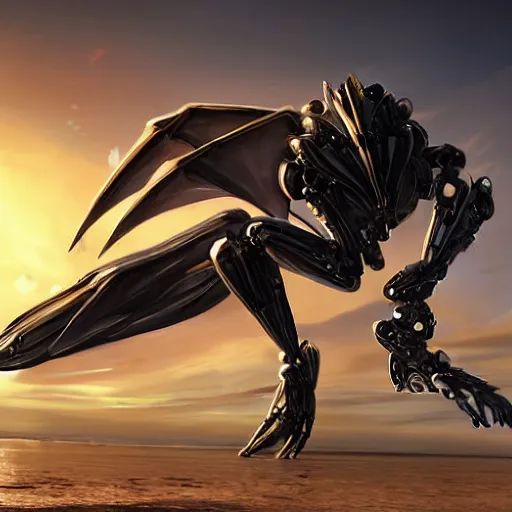 Image similar to looking up at a highly detailed 300 foot tall giant exquisite beautiful female warframe, as an anthropomorphic robot dragon, posing elegantly over your tiny form, camera on the ground, at the beach on a sunset, sleek streamlined design, streamlined matte black armor, sharp detailed claws, detailed sharp robot dragon feet, giantess shot, upward shot, ground view shot, front shot, cinematic shot, high quality warframe fanart, captura, realistic, professional digital art, high end digital art, furry art, giantess art, anthro art, DeviantArt, artstation, Furaffinity, 8k HD render, epic lighting