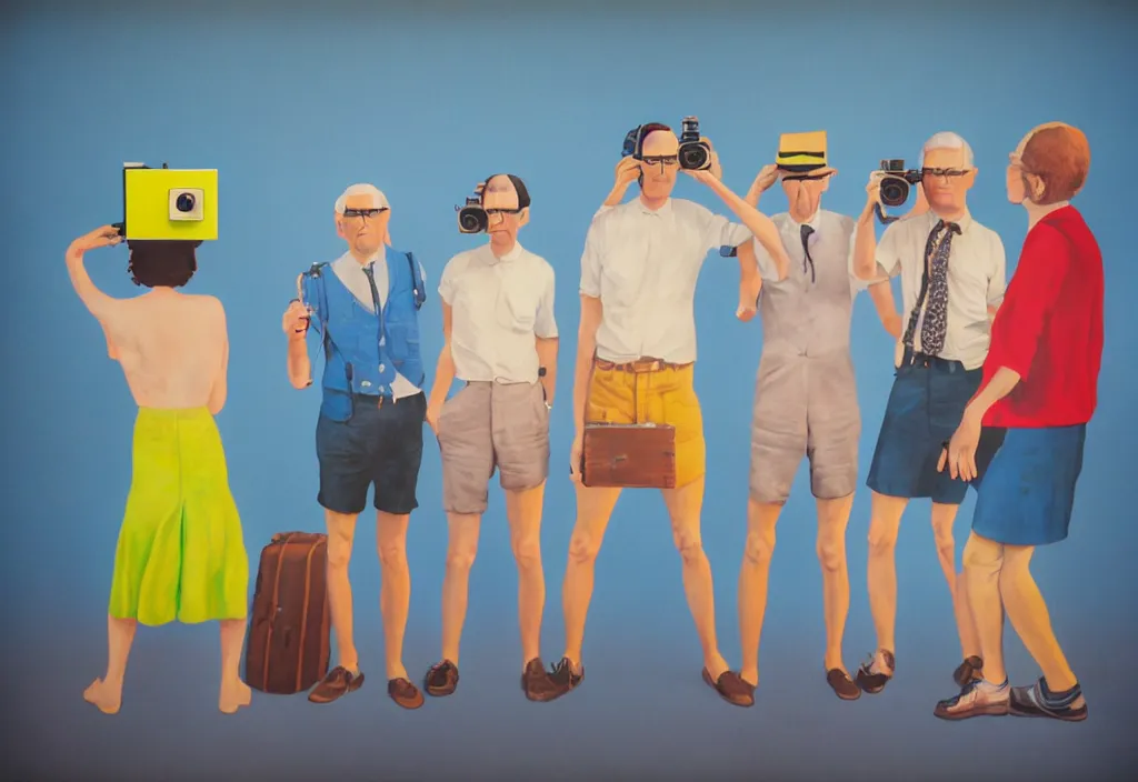 Image similar to full body portrait of a trio of european tourists with nikon cameras, various poses shooting photos, character designs painting, in the style of wes anderson, rene magritte, lola dupre, david hockney, isolated on white background, dark monochrome neon spraypaint accents volumetric octane render