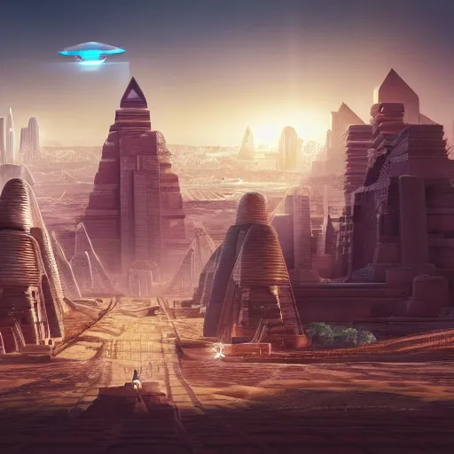 Prompt: a scene of a beautiful intricate epic futuristic pharaoh city with a cyber sphynx and hovering chariots taken from a distance, minimalist, cinematic lighting