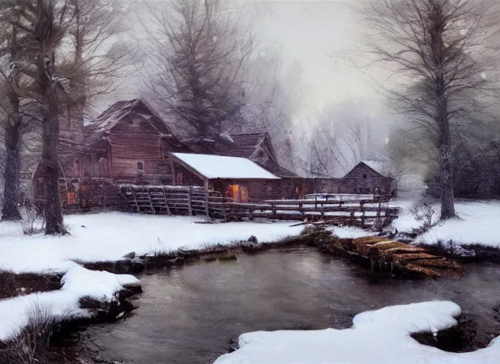 Prompt: oil painting, snow blizzard in woodland meadow, log cabin, smoke billowing from chimney, water stream, water wheel, mystic crooked trees, breeze, detailed art by anders zorn, wonderful masterpiece by greg rutkowski, beautiful cinematic light, american romanticism by greg manchess, creation by tyler edlin