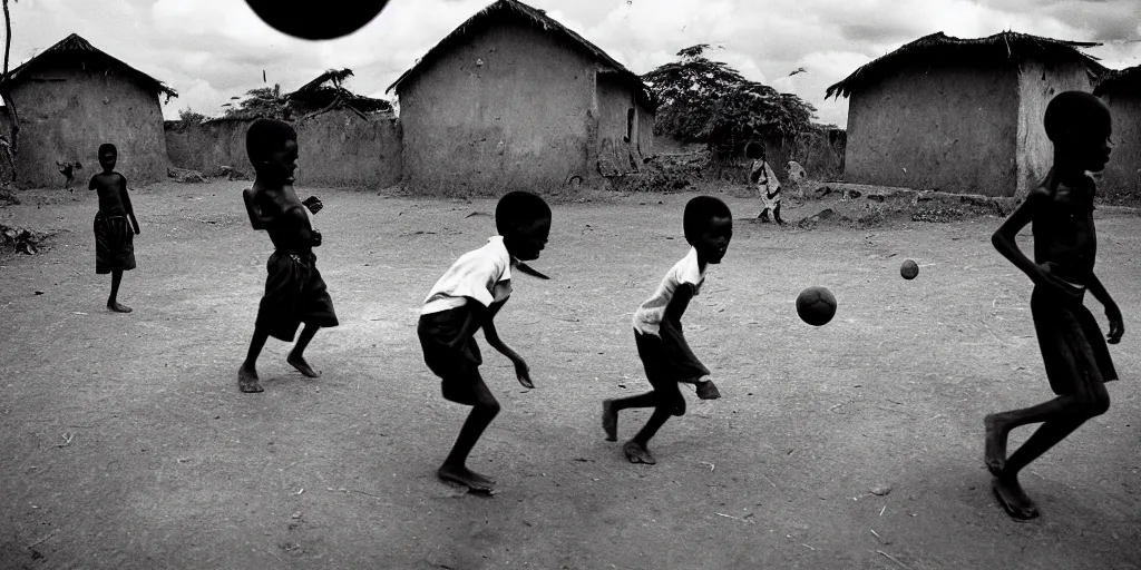 Prompt: kenyan village, black kids playing football, film photography, exposed b & w photography, christopher morris photography, bruce davidson photography, peter marlow photography