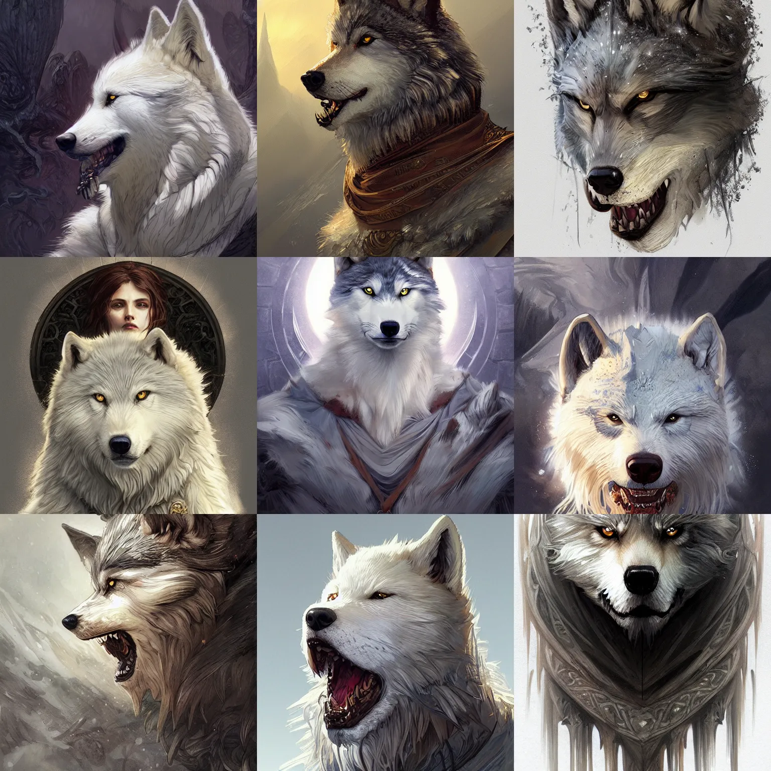 Prompt: portrait of a direwolf, monster, elegant, intricate, D&D, fantasy, highly detailed, digital painting, artstation, concept art, sharp focus, illustration, art by artgerm and greg rutkowski and alphonse mucha