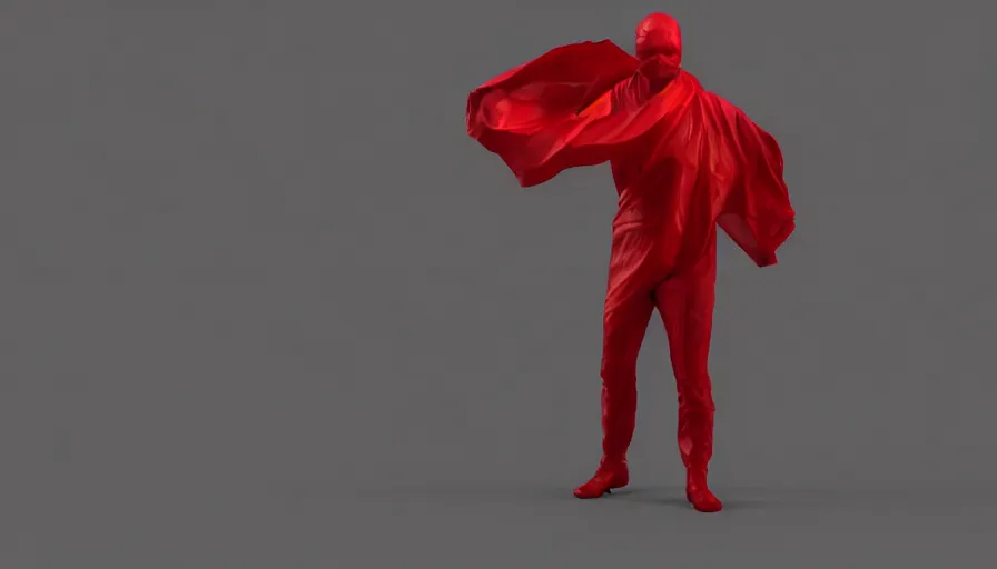 Image similar to man wrapped in redsilksheet, actionpose, photorealistic rendering, raytracing, volumetric lighting, cloth simulation, reflections, darkness, high contrast