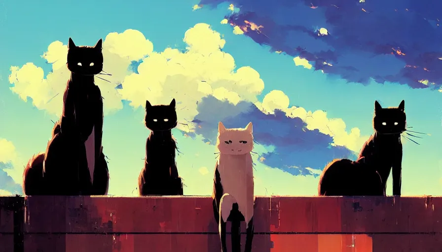 Image similar to contemporary semi abstract acrylic painting of really tall sitting cats by makoto shinkai, by greg rutkowski, thick brush strokes and visible paint layers, glistening clouds in background
