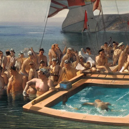 Image similar to admiral Nelson captains a raft in a swimming pool in Southern California,