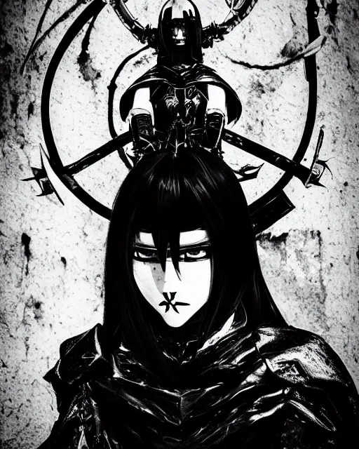 Image similar to portrait of a female crusader by tsutomu nihei, monochrome, gothic, dark, high contrast