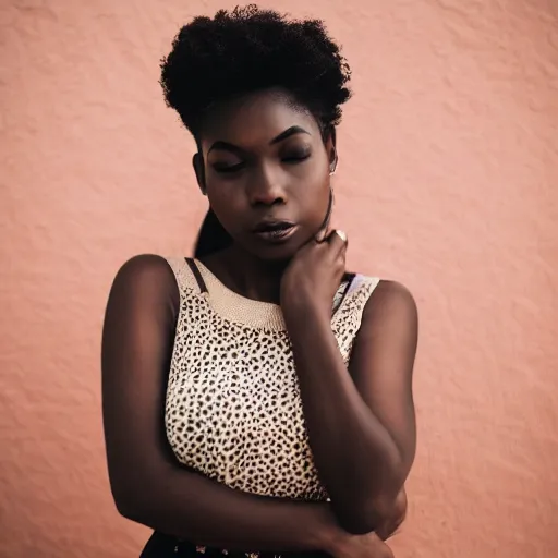 Image similar to portrait photograph of an elegant black woman wearing a sundress in Santa Monica. super resolution. 85 mm f1.8 lens.bokeh.graflex. Alessio albi