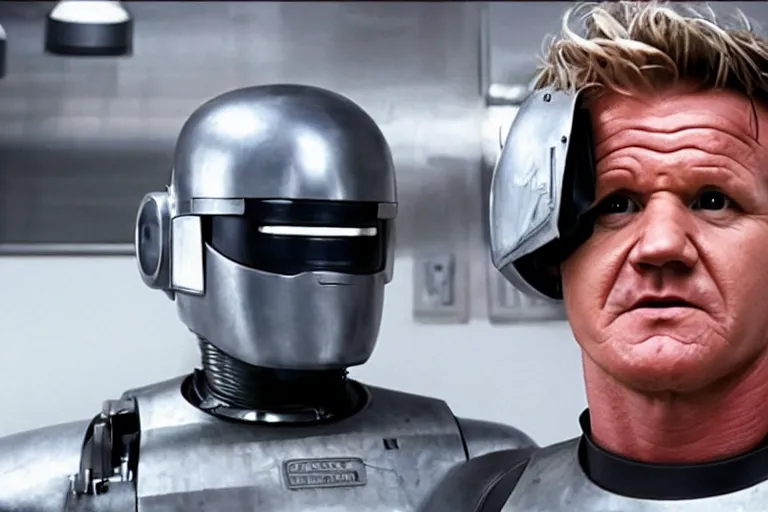 Image similar to a cinematic painting of gordon ramsay as robocop, cinematic lighting, high depth, ultra realistic, artistic, by annie leibovitz and greg rutowski