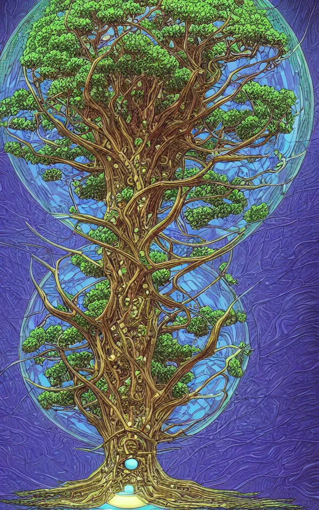 Prompt: futurist cybernetic yggdrasil world tree, future perfect, award winning digital art by moebius