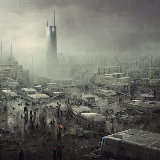 Prompt: Digital art, trending on Artstation, Dark and rainy mega city with towering walls built to block the migrants of the coming climate change migrant crisis showing piles of hundred bodies outside to maintain a quality of life for those who can survive the severe and deadly weather patterns observing small children targeted by advanced military style drones, dystopian, pbr render, concept art illustration, tilt shift background, wide depth of field, 8k, 35mm film grain