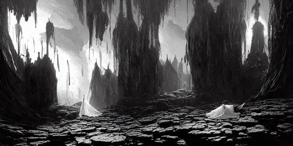 Prompt: a dead bride corpse lying in a dark cave bunad crown. radiant light, detailed and intricate environment, digital art, trending on art station kvlt by peder balke by peder balke by greg rutkowski, by guido crepax by norman bluhm by greg rutkowski mystic high contrast monochromatic noir