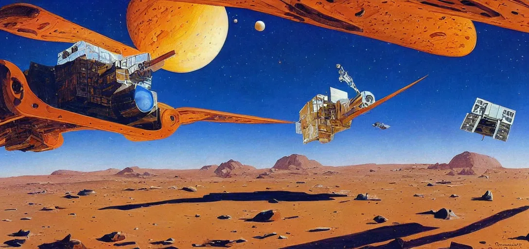 Image similar to a boxy! spacecraft!! flying over a desert landscape! on another planet!!!, by robert mccall