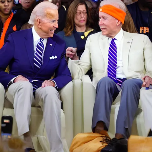 Image similar to joe Biden looking fresh with his newest waves on the hair while wearing orange puff jacket and purple durag, phone photo