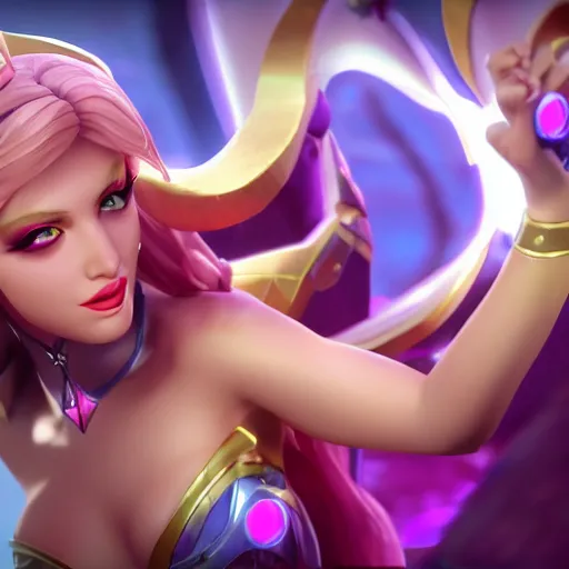 Image similar to still of pretty Lux (League of Legends) in KDA More music video. 3d render, octane render, game art, realistic, highly detailed, trending on artstation, 4k, trending on artstation, pixar, cgsociety, unreal engine 5, redshift render, trending on artstation, blender, behance, cg