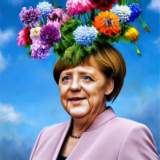 Image similar to a portrait of Angela Merkel with flowers grow out of hair, roses peonies forget-me-nots dahlias lupins gladioli, sky theme in background, by Alexandr Averin, Digital Art, Trending on artstation