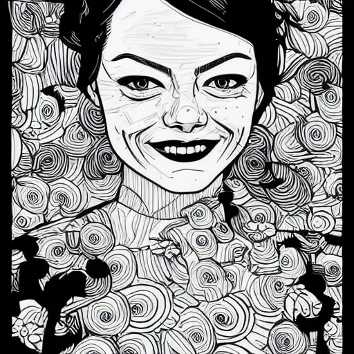 Prompt: detailed illustration of emma stone in flat colour, by james jean, by yukio shimizu