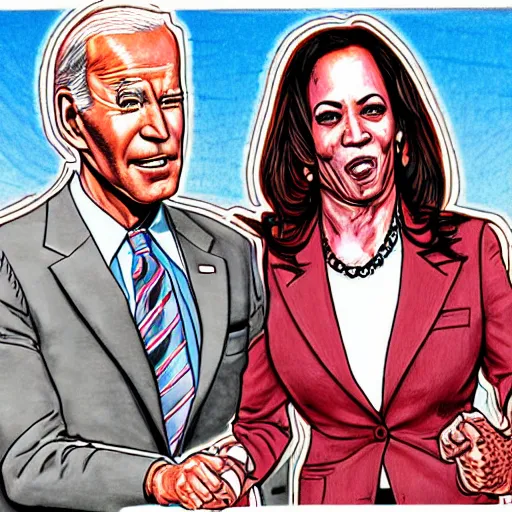 Image similar to The Artwork of R. Crumb and his Cheap Suit - Joe Biden and Kamala Harris, pencil and colored marker artwork, trailer-trash lifestyle