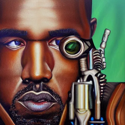 Image similar to a realistic oil painting of a cybernetic kanye west cyborg, surrealism portrait, post apocalyptic album cover