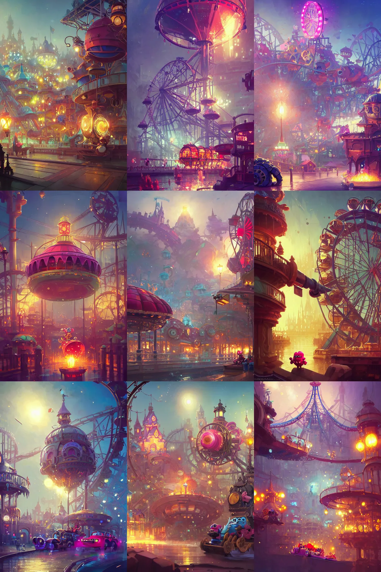 Prompt: splash art brawlstars, light dust, magnificent, theme park, roller coaster, ferris wheel, medium shot, details, sharp focus, elegant, highly detailed, illustration, by Jordan Grimmer and greg rutkowski and ocellus and alphonse mucha and wlop, intricate, beautiful, Trending artstation, pixiv, digital Art