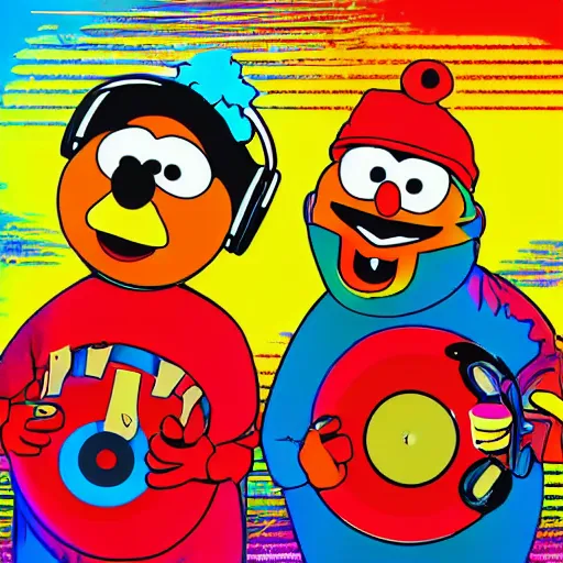 Image similar to svg sticker of a Pop-Wonder Bert&Ernie, Sesame-Street, at a rave, spinning records, giant headphones rocking out, wearing headphones, huge speakers, dancing, rave, DJ, spinning records, digital art, amazing composition, rule-of-thirds, award-winning, trending on artstation, featured on deviantart