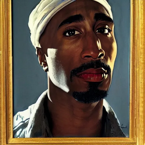 Image similar to a portrait painting of Tupac shakur. Painted by Norman Rockwell