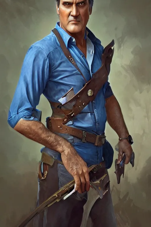 Image similar to Bruce Campbell in a blue bloody shirt with a shoulder strap, innocent, intricate, elegant, highly detailed, digital painting, artstation, concept art, smooth, sharp focus, illustration, art by artgerm and greg rutkowski and alphonse mucha