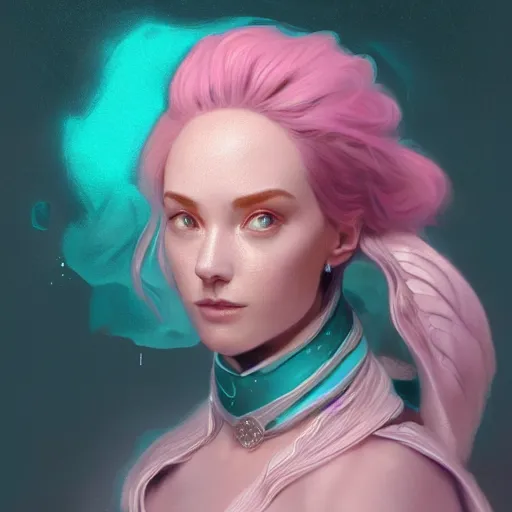 Prompt: teal haired mage bust portrait, female, glacier landscape, norway, d & d, fantasy, intricate, elegant, highly detailed, digital painting, pink and teal color palette, artstation, octane render, concept art, matte, sharp focus, illustration, herrarthstone, art by artgerm and greg rutkowski and alphonse mucha