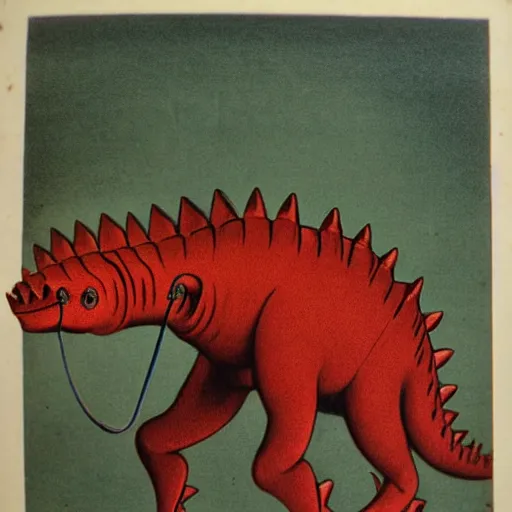 Image similar to antique lithograph from 1 9 0 0 of red stegosaurus, playing a piano