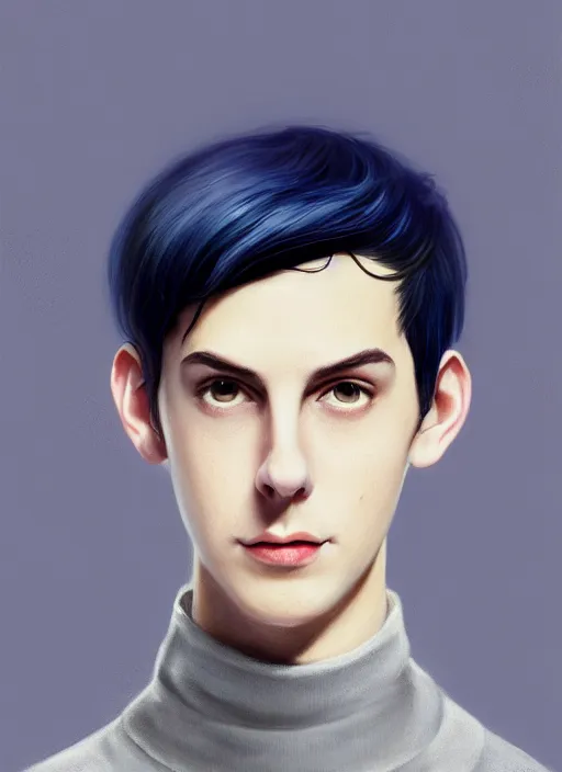 Image similar to portrait of teenage jughead jones wearing a light grey crown, crown, blue turtleneck, 1 9 5 0 s, closed eyes, photorealistic, black hair, glowing lighting, intricate, elegant, glowing lights, highly detailed, digital painting, artstation, concept art, smooth, sharp focus, illustration, art by wlop, mars ravelo and greg rutkowski