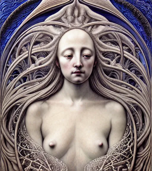 Prompt: detailed realistic beautiful porcelain moon goddess portrait by jean delville, gustave dore, iris van herpen and marco mazzoni, art forms of nature by ernst haeckel, art nouveau, symbolist, visionary, gothic, neo - gothic, pre - raphaelite, fractal lace, intricate alien botanicals, ai biodiversity, surreality, hyperdetailed ultrasharp octane render
