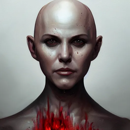 Prompt: painting of a bald woman, sad, cry, gloomy, blood, fire, intricate, elegant, highly detailed, digital painting, artstation, concept art, matte, sharp focus, illustration, octane render, unreal engine, art by aenaluck and roberto ferri and greg rutkowski, epic fantasy, digital painting