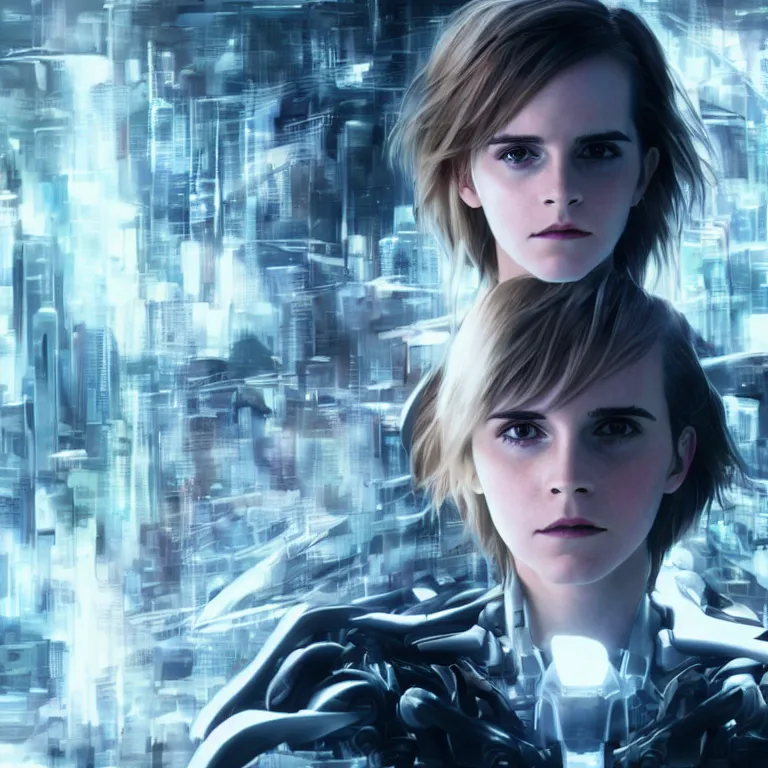 Image similar to scifi emma watson looks like ghost in the shell, extremely high detail, high detailed face, smiling woman, cyborg, photorealism, emma watson, sony a 7 r