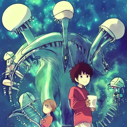 Image similar to “anime key visual of aliens in the style of studio ghibli, pixiv”