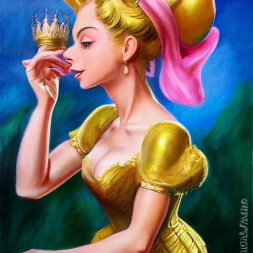 Image similar to An ultra realistic portrait painting of Princess Peach wearing his pink dress and golden tiara in the style of Frank Frazetta, 4k, Ultrarealistic, Highly Detailed, Dark Fantasy, Epic Lighting