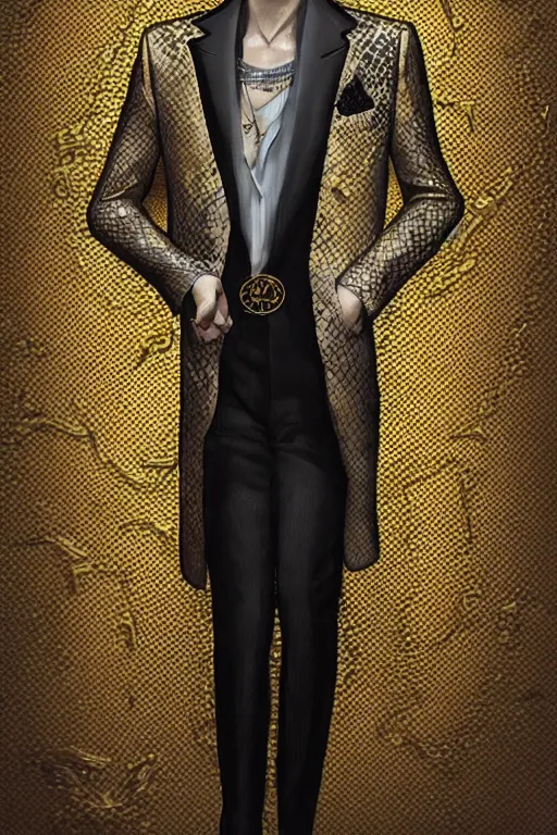 Prompt: young skinny guy with eyeglasses, gold suit jacket in snake print, jacket over bare torso, yakuza tattoo on body, black short curtain haircut, black leather pants with black belt, portrait, elegant, 2d, ultra highly detailed, digital painting, smooth, sharp focus, artstation, art by Ilya Kuvshinov, rossdraws