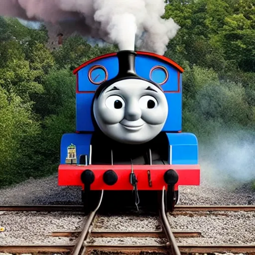 Image similar to thomas the tank engine with the face of greta thunberg, spewing black smoke from his chimney