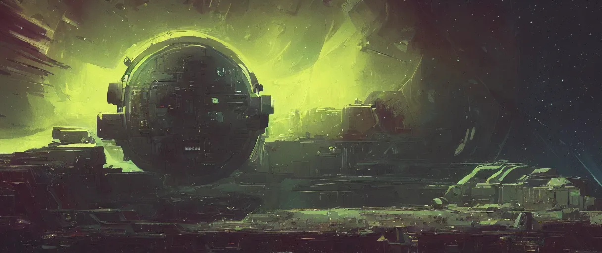 Image similar to lone industrial!!! spaceship!!, deepspace exploration!!!, flying, ridley scott universe, floating in a nebula, the final frontier, illustrative!!, ian mcque, apparent brush strokes, hyperdetailed, sketch, cinematic lighting, 4k, wide angle, trending on artstation, beksinski, etching, ((neon colors))