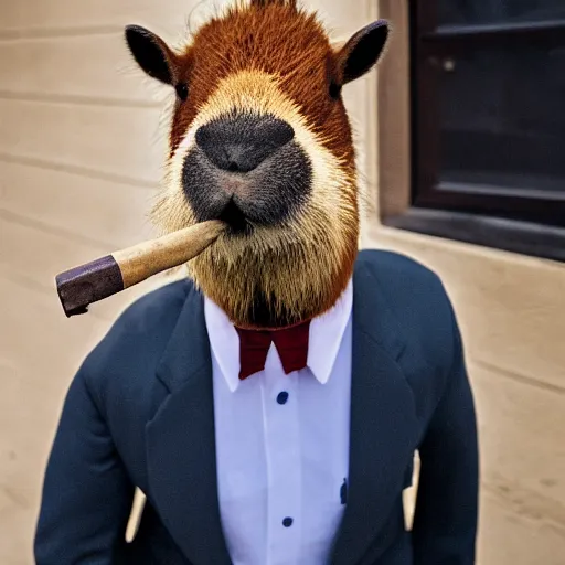 Image similar to an antropomorphic capybara wearing a suit smoking a cigar