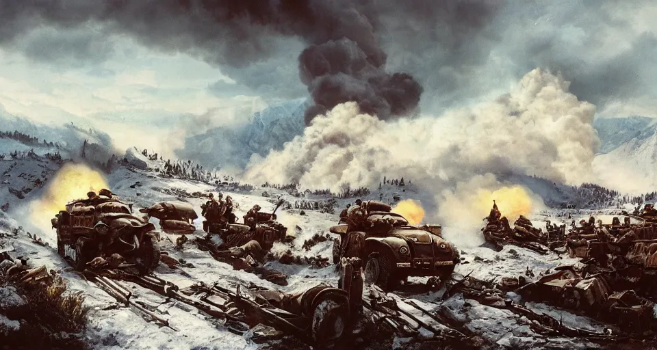 Prompt: second world war aftermath of huge battle on snowy mountain, with anti aircraft guns, with fire and smoke in the background by eugene von guerard, ivan shishkin, dramatic lighting, concept art, trending on artstation, 8 k