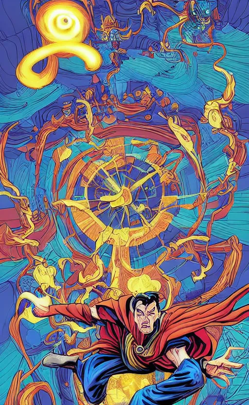 Prompt: the third first image on the scattered absurdity server, dr strange and dr seuss, very pretty, photorealistic, portal hopping and time warping with reckless abandon, by Dan Mumford