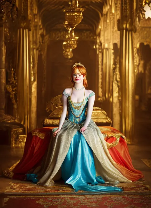 Image similar to portrait of emma stone as princess jasmine in persian palace, by charlotte grimm, natural light, detailed face, beautiful crossed hands,, canon eos c 3 0 0, ƒ 1. 8, 3 5 mm, 8 k, medium - format print, half body shot