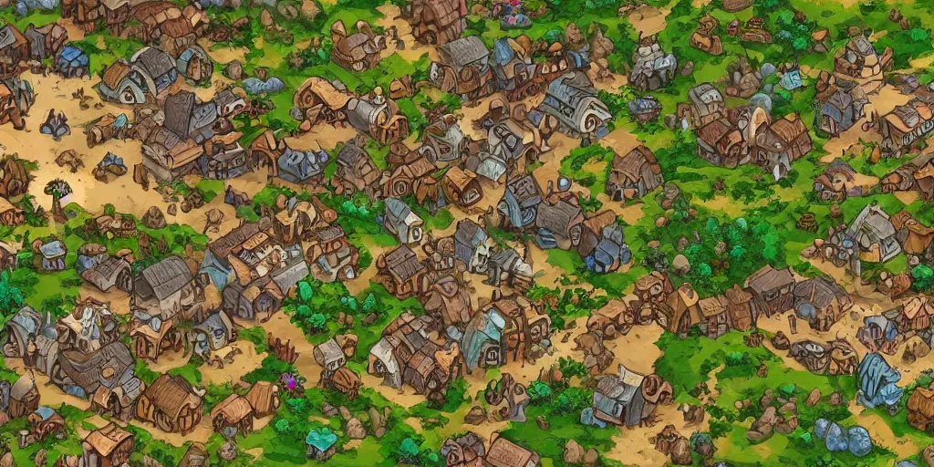 Image similar to a high detailed village vector art presenting an aerial view of a cartoonish rpg village by dungeondraft, dofus, patreon content, containing tables and walls, hd, straight lines, vector, grid, dnd map, map patreon, fantasy maps, foundry vtt, fantasy grounds, aerial view, dungeondraft, tabletop, inkarnate, dugeondraft, roll 2 0