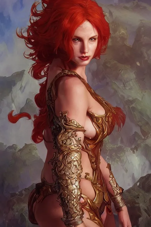 Image similar to portrait of a lithe stunningly beautiful red headed ifrit genie - kin paladin, female, upper body, fantasy, intricate, elegant, highly detailed, digital painting, artstation, concept art, sharp focus, illustration, art by artgerm and greg rutkowski and alphonse mucha