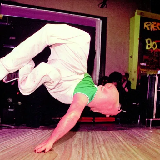 Image similar to Peter Griffin break dancing in a nightclub, 1990 photograph