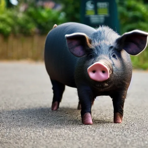 Image similar to photo of a pig standing upright wearing a pair of shoes