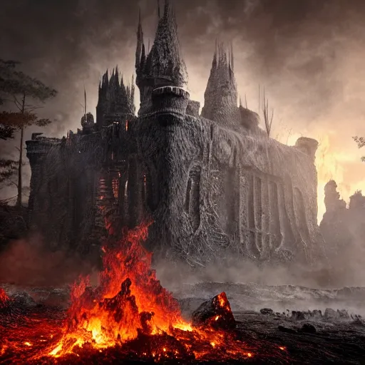 Image similar to hyperrealistic photograph of the black castle of rotbog swamp burned to the ground, fire, giant bones, dim volumetric lighting, octane beautifully detailed render, extremely hyper detailed, intricate, epic composition, cinematic lighting, masterpiece, trending on artstation, very detailed, stunning, hdr, smooth, sharp focus, high resolution, award, winning photo