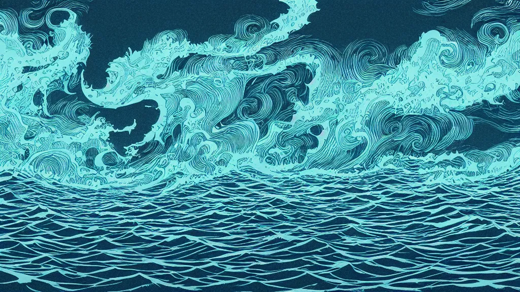 Image similar to highly detailed illustration of high exposure ocean waves at night by moebius, nico delort, oliver vernon, kilian eng, joseph moncada, damon soule, manabu ikeda, kyle hotz, dan mumford, otomo, 4 k resolution