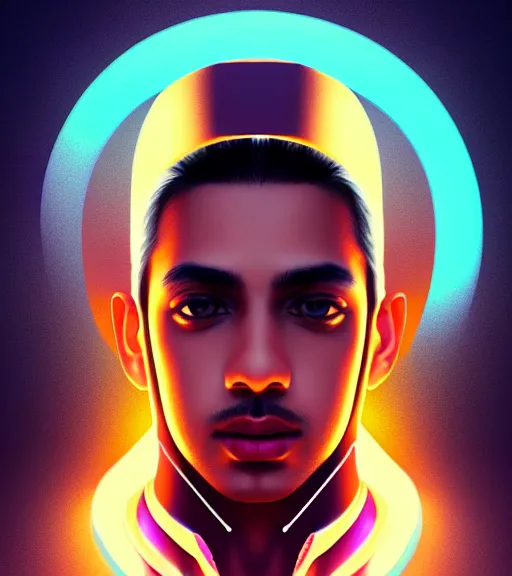 Image similar to symmetry!! indian prince of technology, solid cube of light, hard edges, product render retro - futuristic poster scifi, lasers and neon circuits, brown skin handsome indian prince, intricate, elegant, highly detailed, digital painting, artstation, concept art, smooth, sharp focus, illustration, dreamlike, art by artgerm