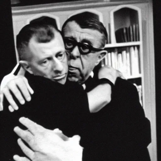 Image similar to sartre hugging a sad alien