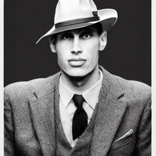 Image similar to A photograph portrait of Jerma985 wearing a suit with and fedora in the 1940s, taken in the early 1940s, grainy, taken on a 940s Kodak Camera, realistic, hyperrealistic, very realistic, highly detailed, very detailed, extremely detailed, detailed, digital art, trending on artstation